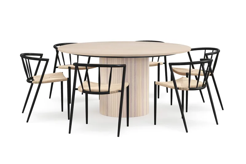 Kopparbo Runt Matbord 150 cm med 6 Winston Matstolar, Vit / Beige / Metallben Svart