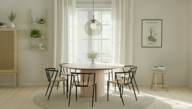 Kopparbo Runt Matbord 150 cm med 6 Winston Matstolar - Vit / Beige / Metallben Svart - Möbler - Bord & matgrupp - Matgrupp