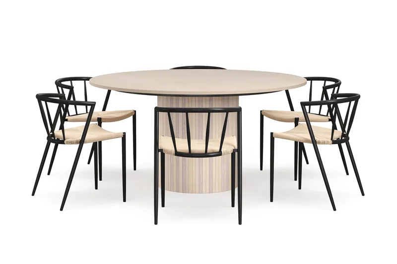 Kopparbo Runt Matbord 150 cm med 6 Winston Matstolar - Vit / Beige / Metallben Svart - Möbler - Bord & matgrupp - Matgrupp