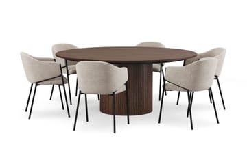 Kopparbo Runt Matbord 180 cm med 6 Filip Matstolar - Valnöt / Taupe Bouclé - Möbler - Bord & matgrupp - Matgrupp