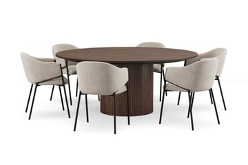 Kopparbo Runt Matbord 180 cm med 6 Filip Matstolar - Valnöt / Taupe Bouclé - Möbler - Bord & matgrupp - Matgrupp