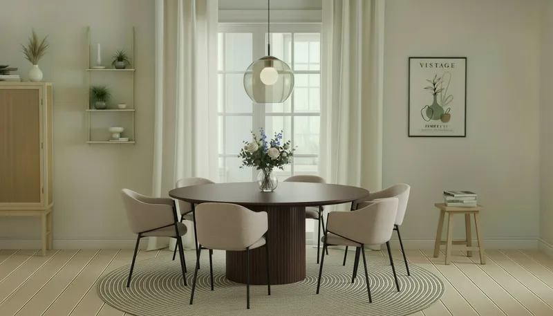 Kopparbo Runt Matbord 180 cm med 6 Filip Matstolar - Valnöt / Taupe Bouclé - Möbler - Bord & matgrupp - Matgrupp