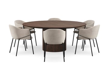 Kopparbo Runt Matbord 180 cm med 6 Filip Matstolar - Valnöt / Taupe Bouclé - Möbler - Bord & matgrupp - Matgrupp