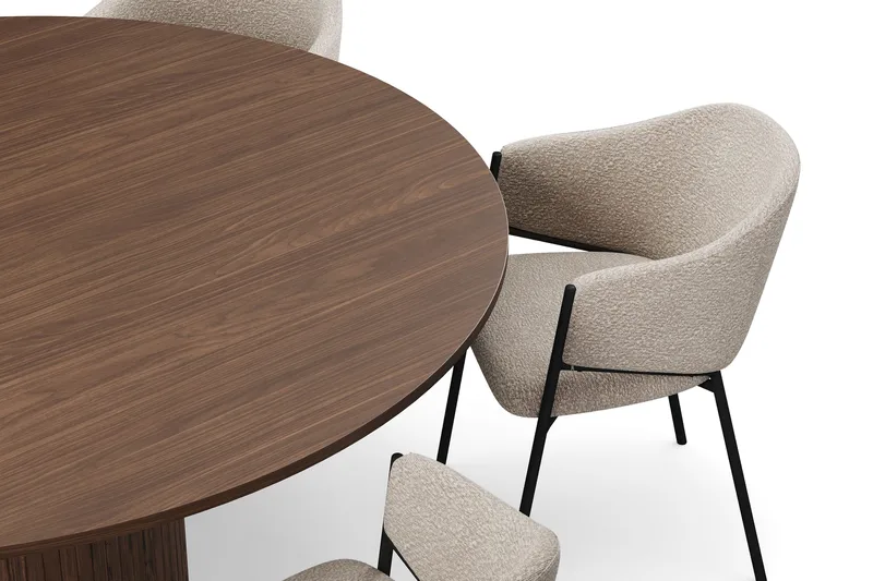 Kopparbo Runt Matbord 180 cm med 6 Filip Matstolar - Valnöt / Taupe Bouclé - Möbler - Bord & matgrupp - Matgrupp