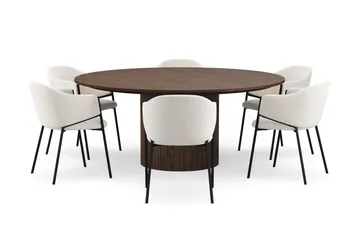 Kopparbo Runt Matbord 180 cm med 6 Filip Matstolar - Valnöt / Vit Bouclé - Möbler - Bord & matgrupp - Matgrupp