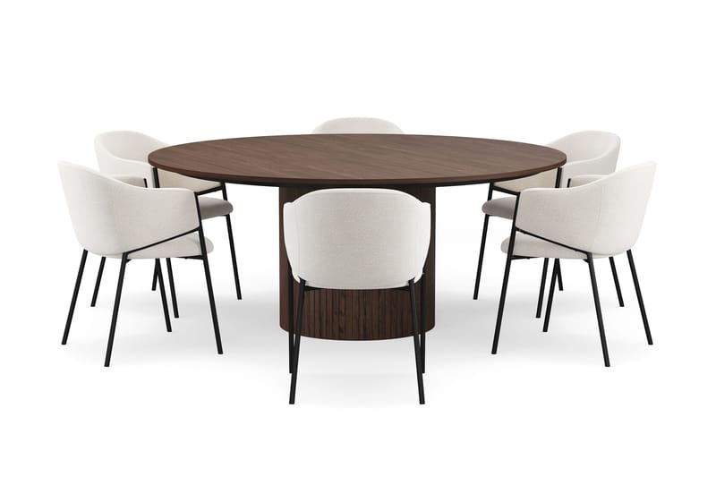 Kopparbo Runt Matbord 180 cm med 6 Filip Matstolar - Valnöt / Vit Bouclé - Möbler - Bord & matgrupp - Matgrupp