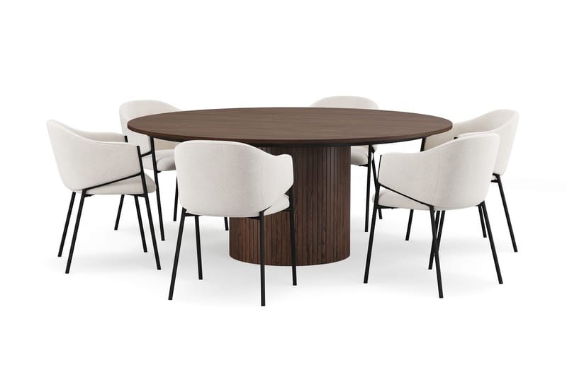Kopparbo Runt Matbord 180 cm med 6 Filip Matstolar, Valnöt / Vit Bouclé