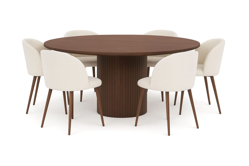 Kopparbo Runt Matbord 180 cm med 6 Greya Matstolar med armstöd, Valnöt / Vit Bouclé / Metallben Valnöt