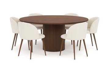 Kopparbo Runt Matbord 180 cm med 6 Greya Matstolar med armstöd - Valnöt / Vit Bouclé / Metallben Valnöt - Möbler - Bord & matgrupp - Matgrupp