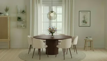 Kopparbo Runt Matbord 180 cm med 6 Greya Matstolar med armstöd - Valnöt / Vit Bouclé / Metallben Valnöt - Möbler - Bord & matgrupp - Matgrupp