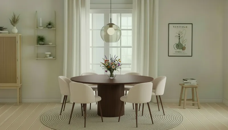 Kopparbo Runt Matbord 180 cm med 6 Greya Matstolar med armstöd - Valnöt / Vit Bouclé / Metallben Valnöt - Möbler - Bord & matgrupp - Matgrupp