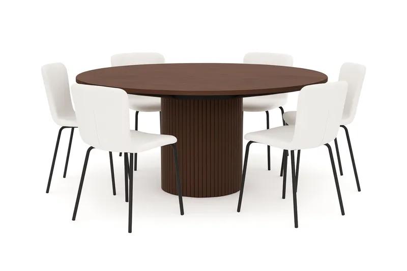 Kopparbo Runt Matbord 180 cm med 6 Katy Matstolar, Valnöt / Vit Bouclé / Metallben Svart