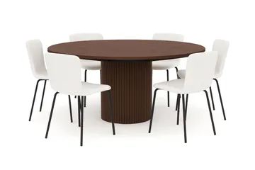 Kopparbo Runt Matbord 180 cm med 6 Katy Matstolar - Valnöt / Vit Bouclé / Metallben Svart - Möbler - Bord & matgrupp - Matgrupp