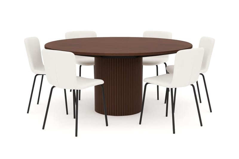 Kopparbo Runt Matbord 180 cm med 6 Katy Matstolar, Valnöt / Vit Bouclé / Metallben Svart