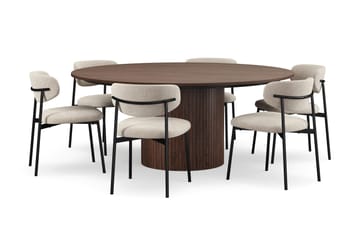 Kopparbo Runt Matbord 180 cm med 6 Lucy Matstolar - Valnöt / Greige Bouclé / Metallben Svart - Möbler - Bord & matgrupp - Matgrupp