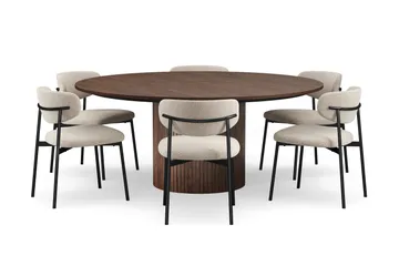 Kopparbo Runt Matbord 180 cm med 6 Lucy Matstolar - Valnöt / Greige Bouclé / Metallben Svart - Möbler - Bord & matgrupp - Matgrupp