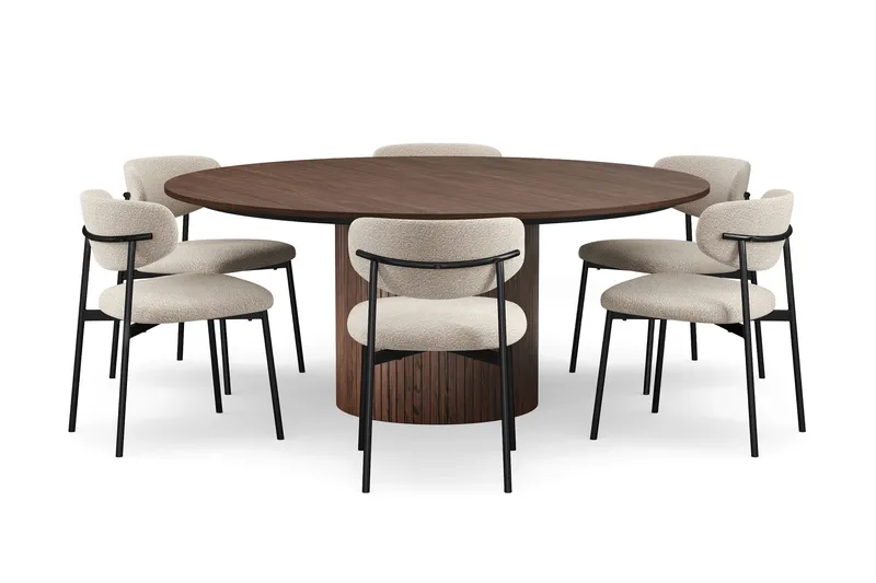 Kopparbo Runt Matbord 180 cm med 6 Lucy Matstolar, Valnöt / Greige Bouclé / Metallben Svart