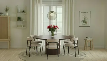 Kopparbo Runt Matbord 180 cm med 6 Lucy Matstolar - Valnöt / Greige Bouclé / Metallben Svart - Möbler - Bord & matgrupp - Matgrupp