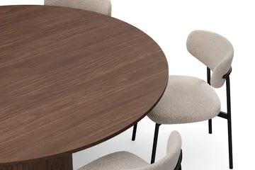 Kopparbo Runt Matbord 180 cm med 6 Lucy Matstolar - Valnöt / Greige Bouclé / Metallben Svart - Möbler - Bord & matgrupp - Matgrupp