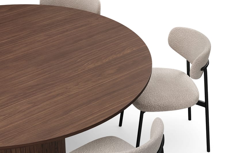 Kopparbo Runt Matbord 180 cm med 6 Lucy Matstolar - Valnöt / Greige Bouclé / Metallben Svart - Möbler - Bord & matgrupp - Matgrupp