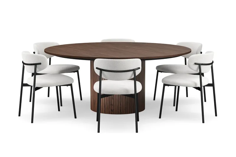 Kopparbo Runt Matbord 180 cm med 6 Lucy Matstolar, Valnöt / Vit Bouclé / Metallben Svart