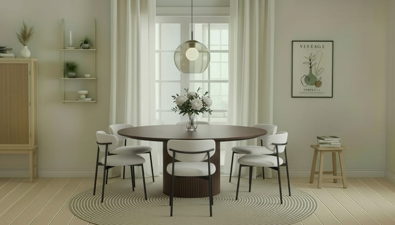 Kopparbo Runt Matbord 180 cm med 6 Lucy Matstolar - Valnöt / Vit Bouclé / Metallben Svart - Möbler - Bord & matgrupp - Matgrupp