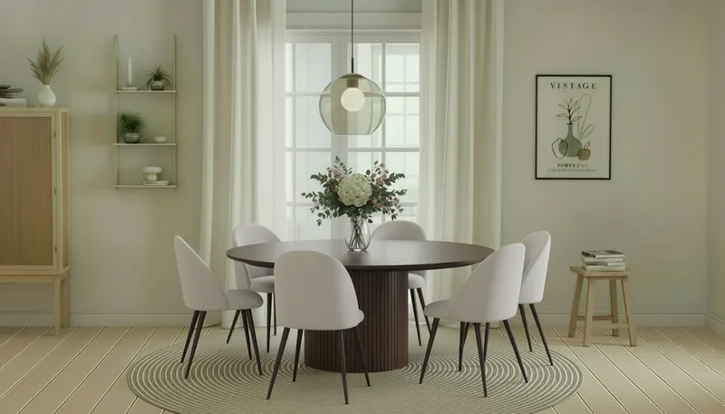 Kopparbo Runt Matbord 180 cm med 6 Nibe Plus Matstolar - Valnöt / Vit Bouclé / Metallben Valnöt - Möbler - Bord & matgrupp - Matgrupp