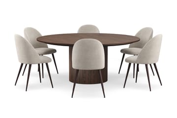 Kopparbo Runt Matbord 180 cm med 6 Nibe Plus Matstolar - Valnöt / Greige Bouclé / Metallben Valnöt - Möbler - Bord & matgrupp - Matgrupp