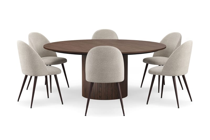 Kopparbo Runt Matbord 180 cm med 6 Nibe Plus Matstolar - Valnöt / Greige Bouclé / Metallben Valnöt - Möbler - Bord & matgrupp - Matgrupp