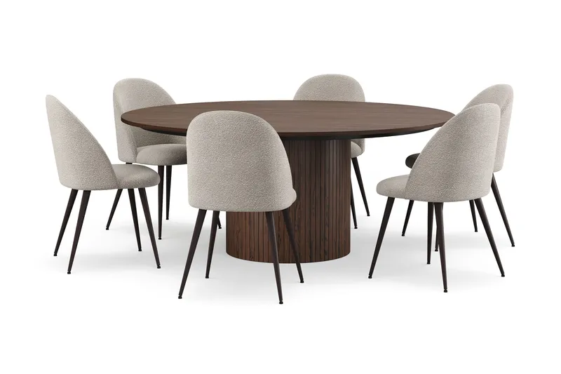 Kopparbo Runt Matbord 180 cm med 6 Nibe Plus Matstolar, Valnöt / Greige Bouclé / Metallben Valnöt