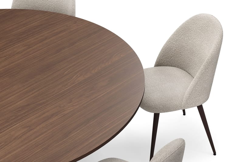 Kopparbo Runt Matbord 180 cm med 6 Nibe Plus Matstolar - Valnöt / Greige Bouclé / Metallben Valnöt - Möbler - Bord & matgrupp - Matgrupp