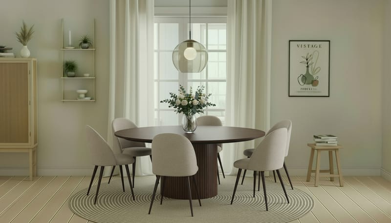 Kopparbo Runt Matbord 180 cm med 6 Nibe Plus Matstolar - Valnöt / Greige Bouclé / Metallben Valnöt - Möbler - Bord & matgrupp - Matgrupp