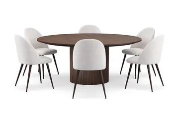 Kopparbo Runt Matbord 180 cm med 6 Nibe Plus Matstolar - Valnöt / Vit Bouclé / Metallben Valnöt - Möbler - Bord & matgrupp - Matgrupp