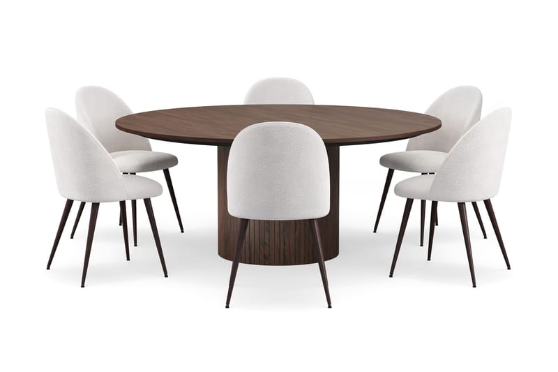 Kopparbo Runt Matbord 180 cm med 6 Nibe Plus Matstolar - Valnöt / Vit Bouclé / Metallben Valnöt - Möbler - Bord & matgrupp - Matgrupp