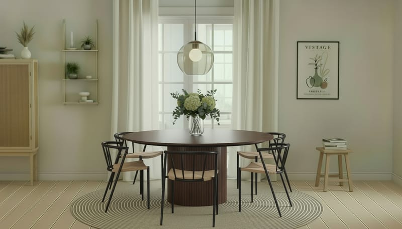 Kopparbo Runt Matbord 180 cm med 6 Winston Matstolar - Valnöt / Beige / Metallben Svart - Möbler - Bord & matgrupp - Matgrupp