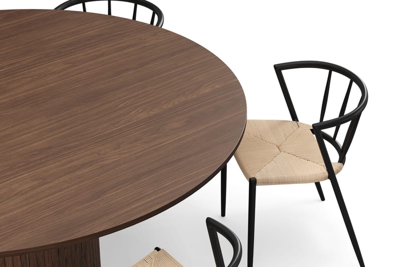 Kopparbo Runt Matbord 180 cm med 6 Winston Matstolar - Valnöt / Beige / Metallben Svart - Möbler - Bord & matgrupp - Matgrupp