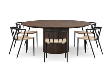 Kopparbo Runt Matbord 180 cm med 6 Winston Matstolar - Valnöt / Beige / Metallben Svart - Möbler - Bord & matgrupp - Matgrupp