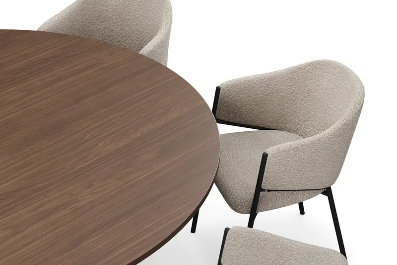 Kopparbo Runt Matbord 180 cm med 8 Filip Matstolar - Valnöt / Taupe Bouclé - Möbler - Bord & matgrupp - Matgrupp