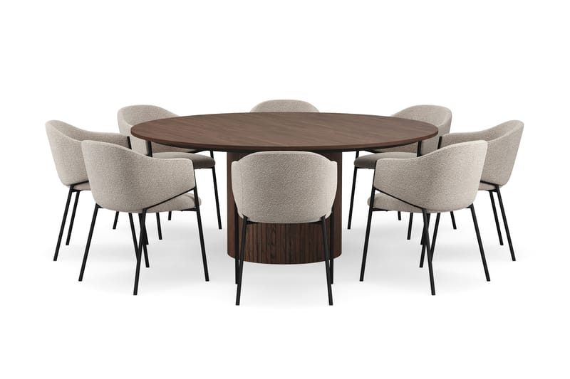 Kopparbo Runt Matbord 180 cm med 8 Filip Matstolar - Valnöt / Taupe Bouclé - Möbler - Bord & matgrupp - Matgrupp