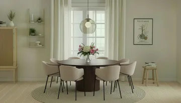 Kopparbo Runt Matbord 180 cm med 8 Filip Matstolar - Valnöt / Taupe Bouclé - Möbler - Bord & matgrupp - Matgrupp