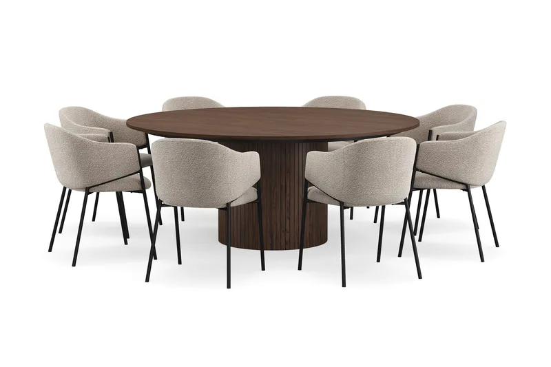 Kopparbo Runt Matbord 180 cm med 8 Filip Matstolar, Valnöt / Taupe Bouclé