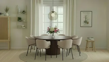 Kopparbo Runt Matbord 180 cm med 8 Filip Matstolar - Valnöt / Taupe Bouclé - Möbler - Bord & matgrupp - Matgrupp