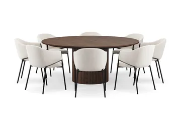 Kopparbo Runt Matbord 180 cm med 8 Filip Matstolar - Valnöt / Vit Bouclé - Möbler - Bord & matgrupp - Matgrupp