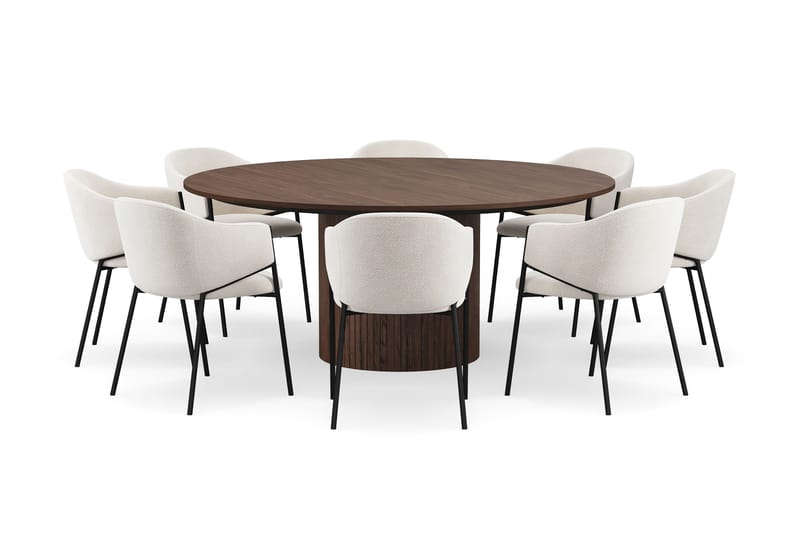 Kopparbo Runt Matbord 180 cm med 8 Filip Matstolar - Valnöt / Vit Bouclé - Möbler - Bord & matgrupp - Matgrupp