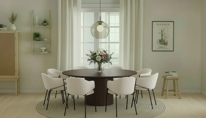 Kopparbo Runt Matbord 180 cm med 8 Filip Matstolar - Valnöt / Vit Bouclé - Möbler - Bord & matgrupp - Matgrupp