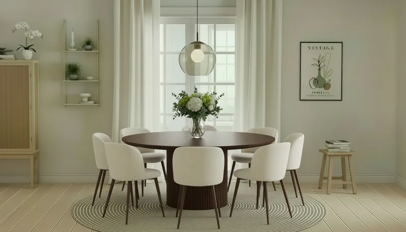 Kopparbo Runt Matbord 180 cm med 8 Greya Matstolar med armstöd - Valnöt / Vit Bouclé / Metallben Valnöt - Möbler - Bord & matgrupp - Matgrupp