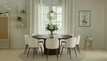 Kopparbo Runt Matbord 180 cm med 8 Greya Matstolar med armstöd - Valnöt / Vit Bouclé / Metallben Valnöt - Möbler - Bord & matgrupp - Matgrupp