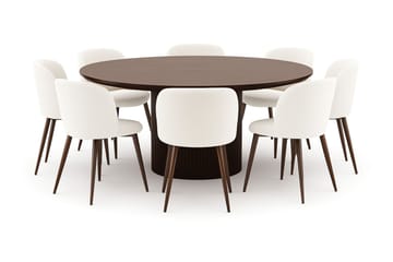 Kopparbo Runt Matbord 180 cm med 8 Greya Matstolar med armstöd - Valnöt / Vit Bouclé / Metallben Valnöt - Möbler - Bord & matgrupp - Matgrupp