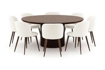 Kopparbo Runt Matbord 180 cm med 8 Greya Matstolar med armstöd - Valnöt / Vit Bouclé / Metallben Valnöt - Möbler - Bord & matgrupp - Matgrupp