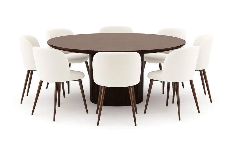 Kopparbo Runt Matbord 180 cm med 8 Greya Matstolar med armst öd, Valnöt / Vit Bouclé / Metallben Valnöt